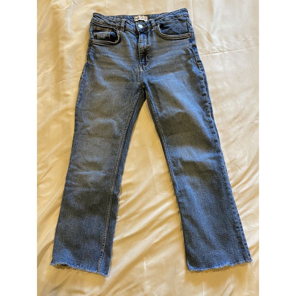 Zara High Rise Straight Crop Jeans in Medium Blue